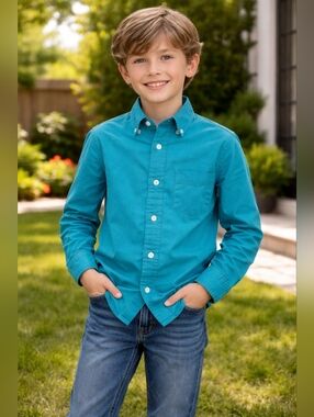 Boys Medium 8 Teal Button Down Shirt Holiday Editions Long Sleeve Collared Casua